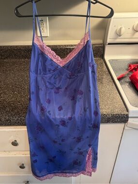 Y2K Motel Purple Floral Satin Slip with Pink Lace Trim Size M